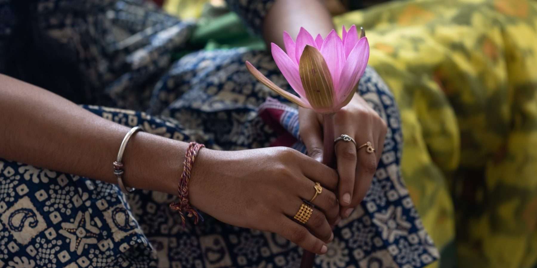 Manos de mujer sosteniendo una flor de loto rosa sobre fondo negro, símbolo del Nakshatra Puṣya en la astrología védica